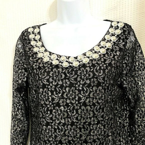 Black Silver Lace Embellished Metallic Top Blouse - Picture 2 of 7
